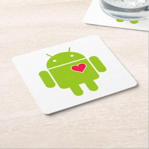 Android Robot Icon with a Heart Square Paper Coaster