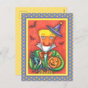 ANDY THE CANDY CORN MAN, BLACK CAT & JACK Colourfu Holiday Postcard