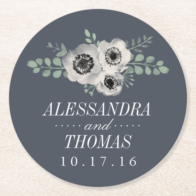 Anemone and Eucalyptus Wedding Round Paper Coaster (Front)