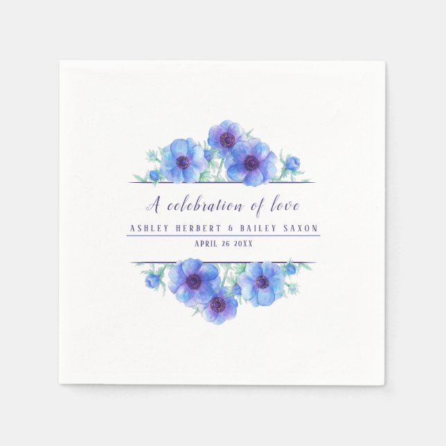 Anemone blue flower watercolor art celebration napkin (Front)