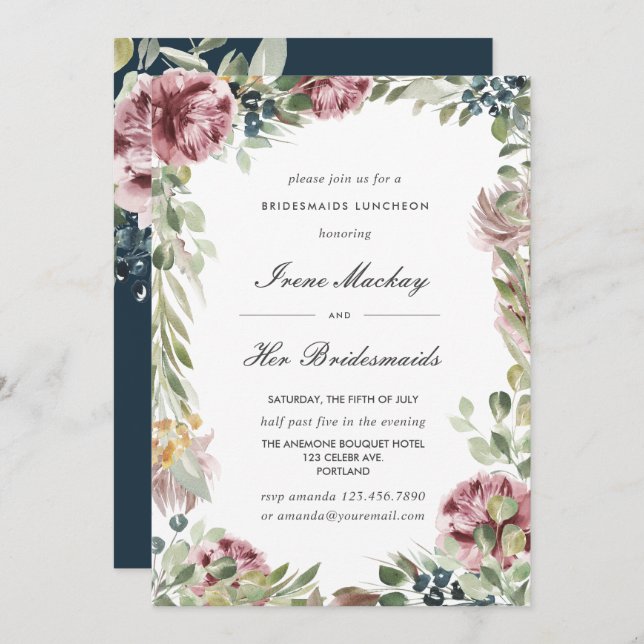 Anemone Blush Blue Botanical  BRIDESMAIDS LUNCHEON Invitation (Front/Back)
