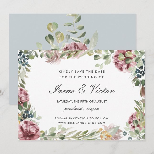 Anemone Blush  Blue Grey wedding  Save the date Invitation (Front/Back)