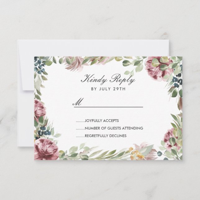 Anemone Blush Dark grey flowers frame Wedding RSVP Card (Front)