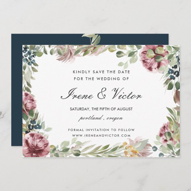 Anemone Blush Navy Blue wedding  Save the date Invitation (Front/Back)