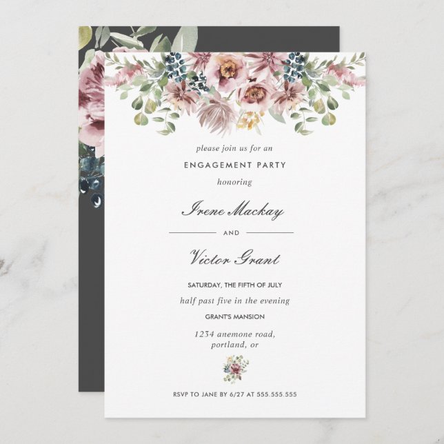 Anemone Dark Grey Botanical  Engagement Party Invitation (Front/Back)