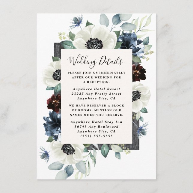 Anemone Dusty Blue Thistle Burgundy Floral Wedding Enclosure Card (Front)