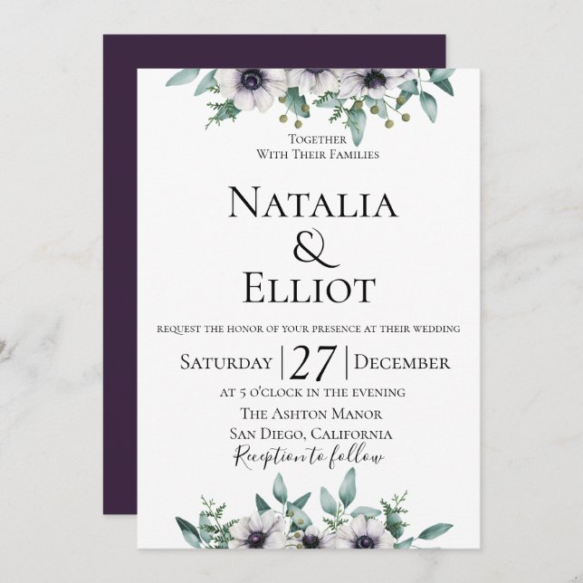 Anemone Eucalyptus Wedding Invitation (Front/Back)