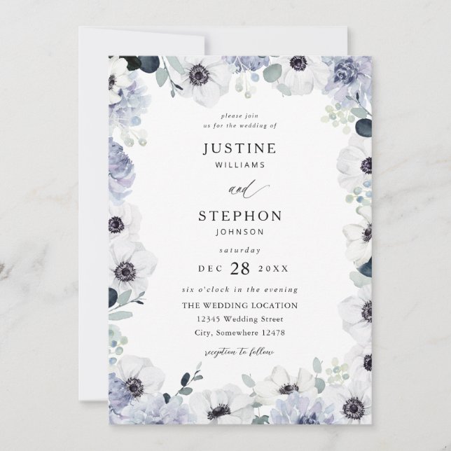 Anemone & Eucalyptus Winter White Floral Wedding Invitation (Front)