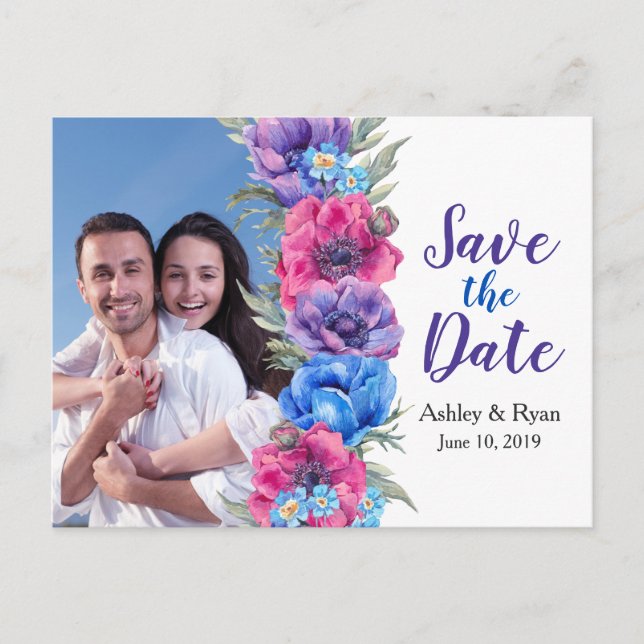 Anemone Floral Photo Wedding Save the Date Announcement Postcard (Front)