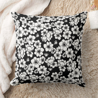 Anemone Flower Black and White Cushion