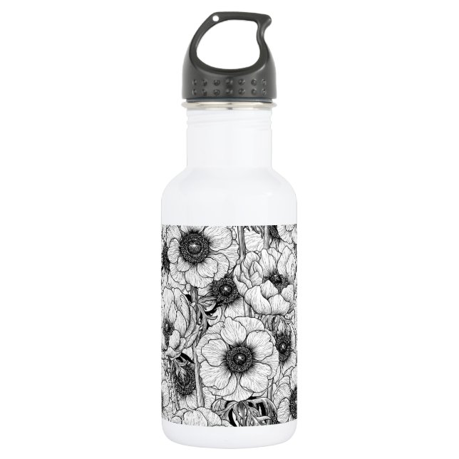 Anemone garden in black and white 532 ml water bottle (Front)