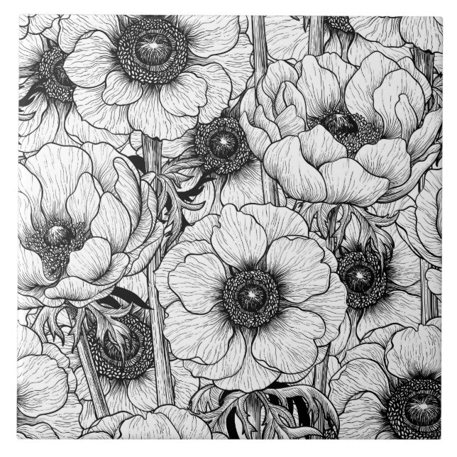 Anemone garden in black and white ceramic tile (Front)