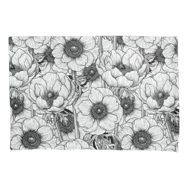 Anemone garden in black and white pillowcase (Front)