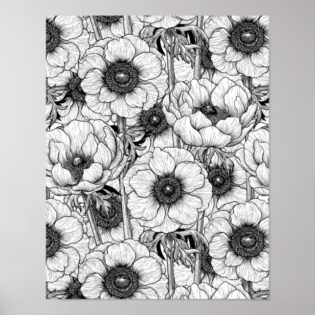 Anemone garden in black and white poster (Front)