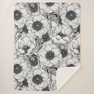 Anemone garden in black and white sherpa blanket