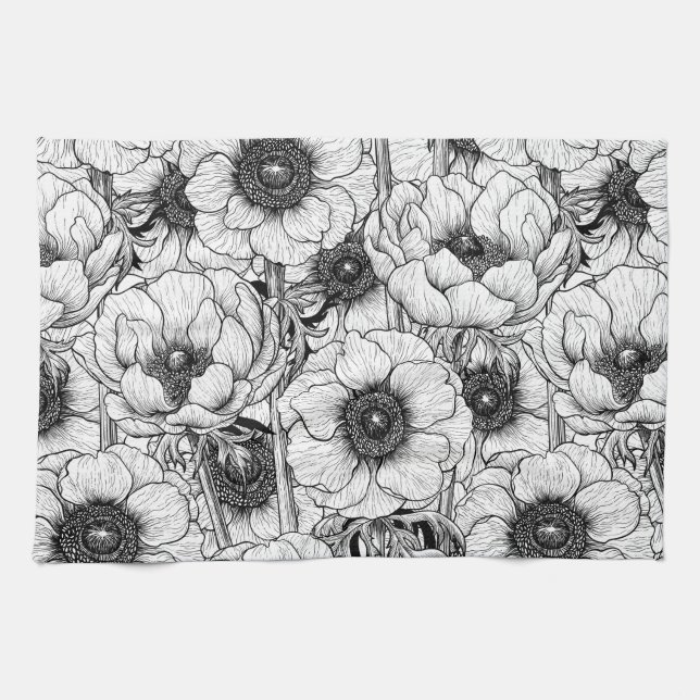 Anemone garden in black and white tea towel (Horizontal)