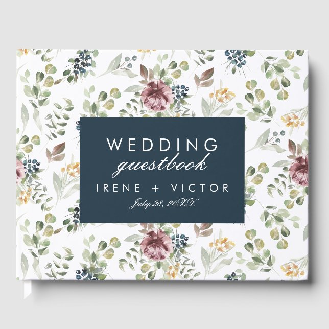 Anemone Navy Blue Wedding Personalised Flower Guest Book (Front)