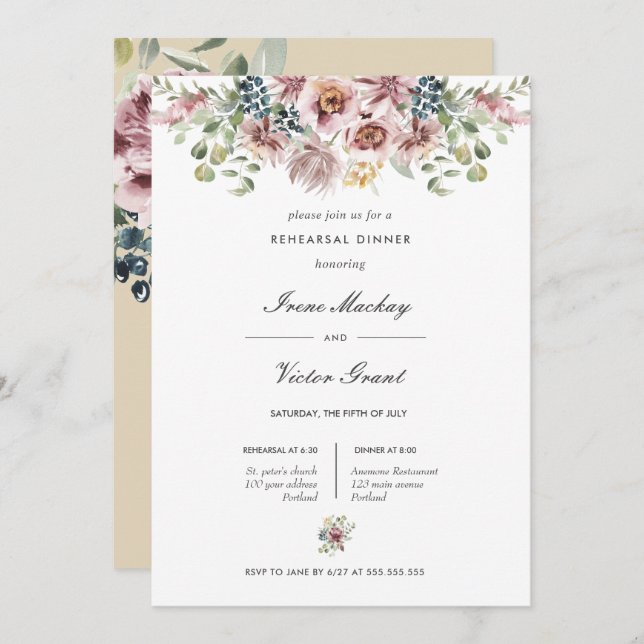 Anemone Neutral pink  Botanical  Rehearsal Dinner Invitation (Front/Back)