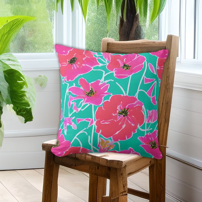 Anemone Painting Pattern Pink & Aqua Floral Cushion (Creator Uploaded)