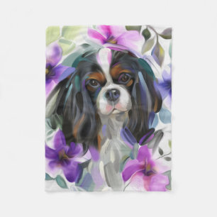 'Anemone' Tricolor cavalier dog art fleece blanket
