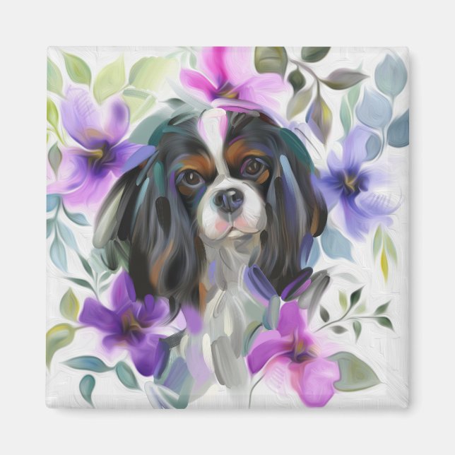 'Anemone' Tricolor cavalier dog art magnet (Front)