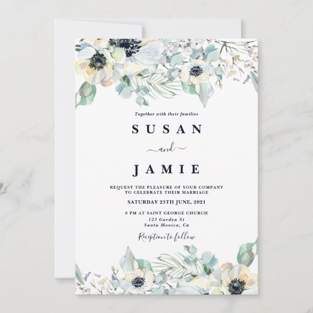 Anemone watercolor floral wedding invitation (Front)