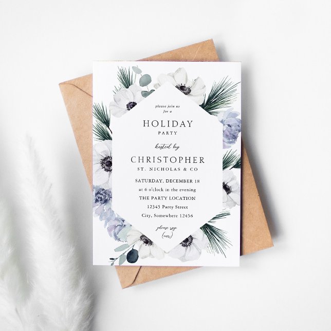 Anemone Winter White Floral Holiday Party Invitation (Creator Uploaded)