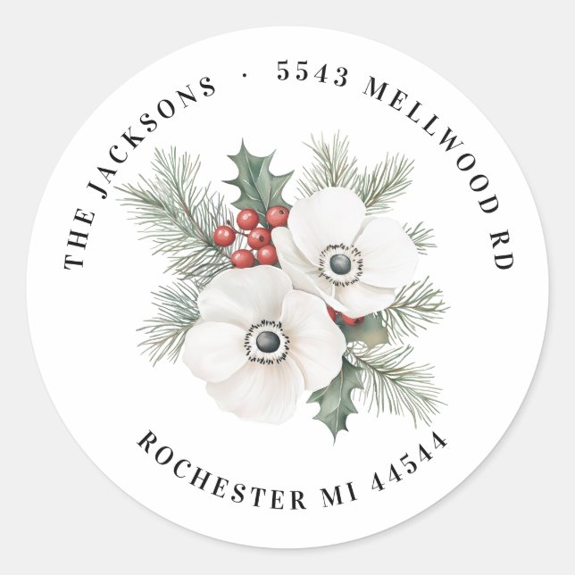 Anemones and Berries Christmas Return Address  Classic Round Sticker (Front)
