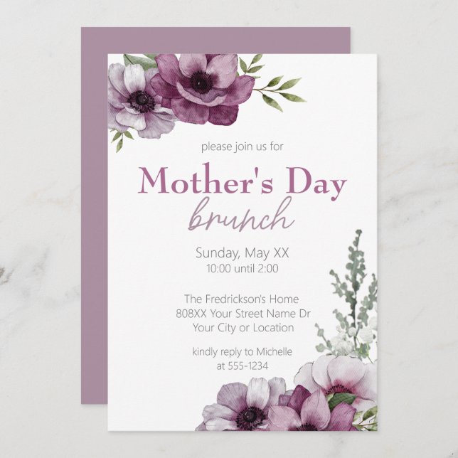 Anemones & Baby's Breath Mother's Day Brunch Invitation (Front/Back)