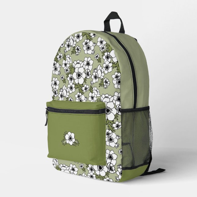 Anemones Black and White Floral Printed Backpack (Back Corner Right)
