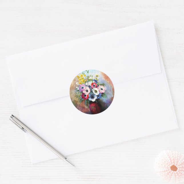Anemones, famous painting, by Odilon Redon Classic Round Sticker (Envelope)