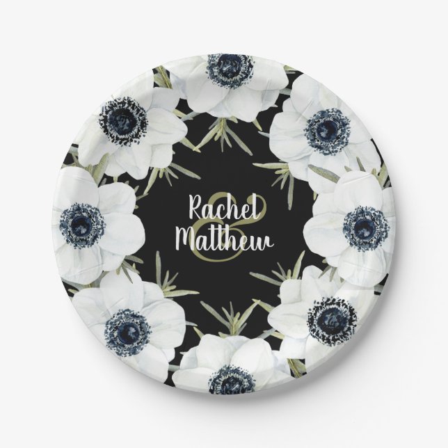 Anemones Floral Wedding Black and White Paper Plate (Front)