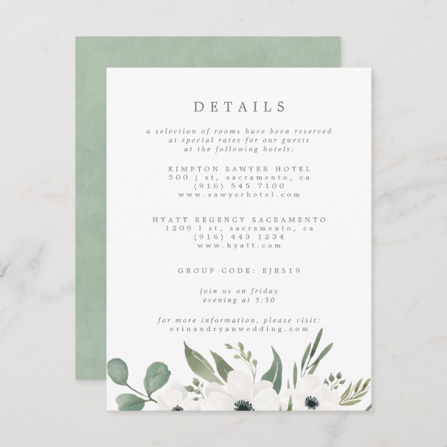 Anemones Sage & Dusty Green Eucalyptus Wedding Enclosure Card (Front/Back)
