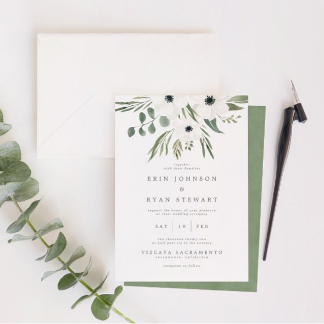 Anemones Sage & Dusty Green Eucalyptus Wedding Invitation (Creator Uploaded)