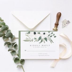 Anemones Sage & Dusty Green Eucalyptus Wedding RSVP Card