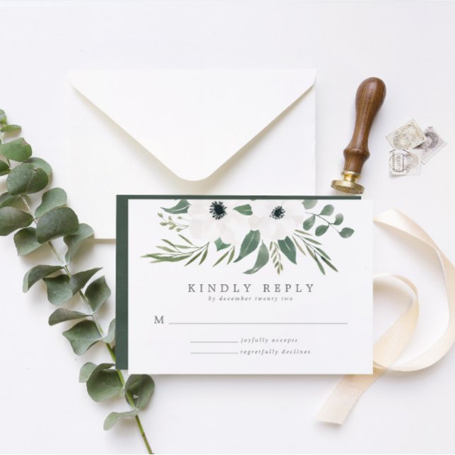 Anemones Sage & Dusty Green Eucalyptus Wedding RSVP Card (Creator Uploaded)