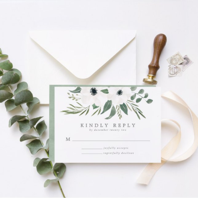 Anemones Sage & Dusty Green Eucalyptus Wedding RSVP Card (Creator Uploaded)