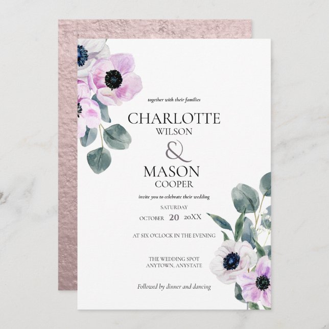 Anemones Watercolor Flowers Wedding Invitations (Front/Back)