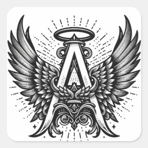 Angel Alphabet A Initial Latter Wings Halo Square Sticker
