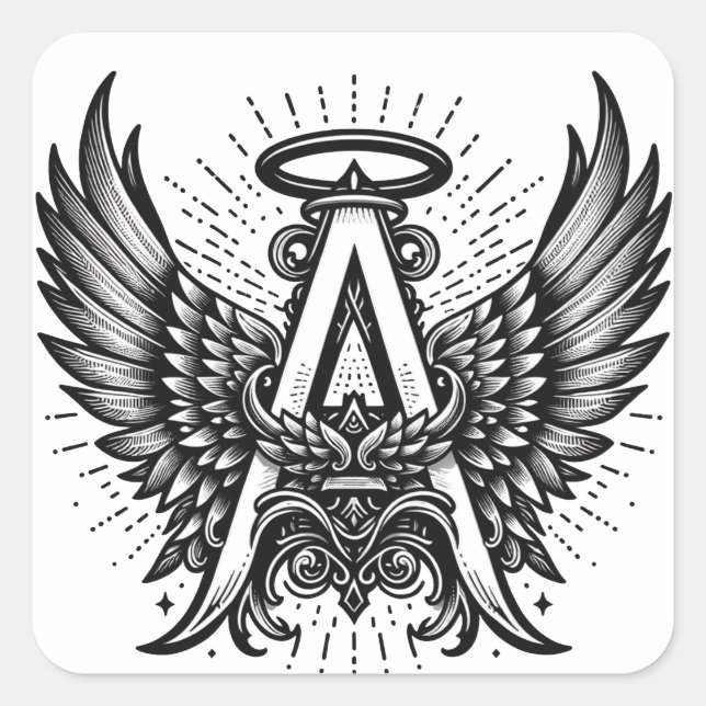 Angel Alphabet A Initial Latter Wings Halo Square Sticker (Front)