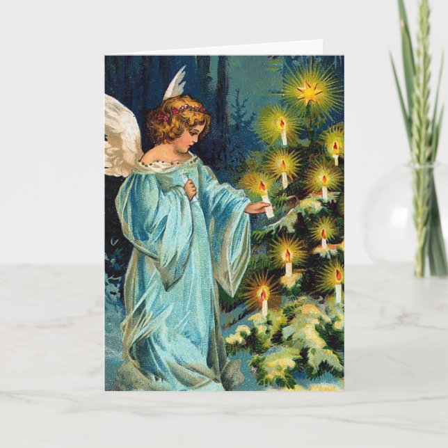 "Angel and Christmas Tree" Vintage Holiday Card (Front)