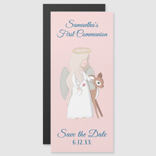 Angel and Deer First Communion Save the Date Magnetic Invitation (Front/Back)