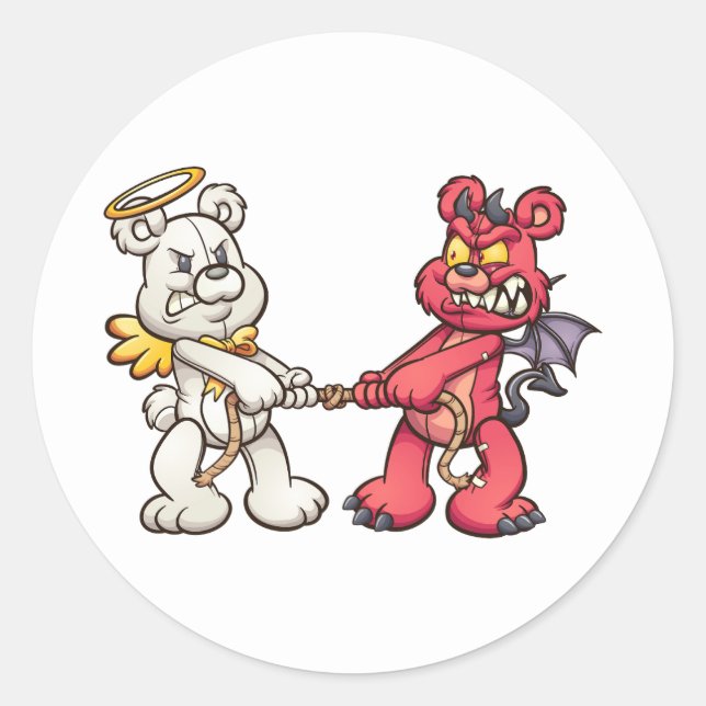 angel and devil teddy bears in a tug of war classic round sticker (Front)