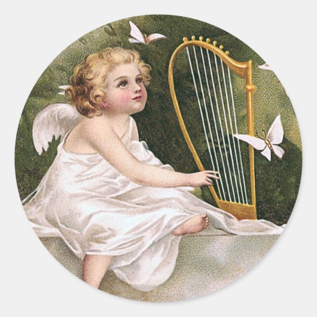 Angel and Harp Vintage Illustration Classic Round Sticker (Front)