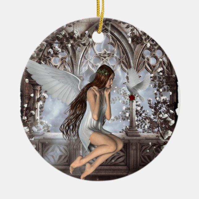 Angel and Her Dove Ceramic Tree Decoration (Front)