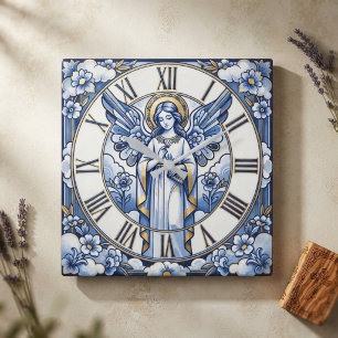 Angel Art Deco Luxury Blue and White Porcelain Square Wall Clock