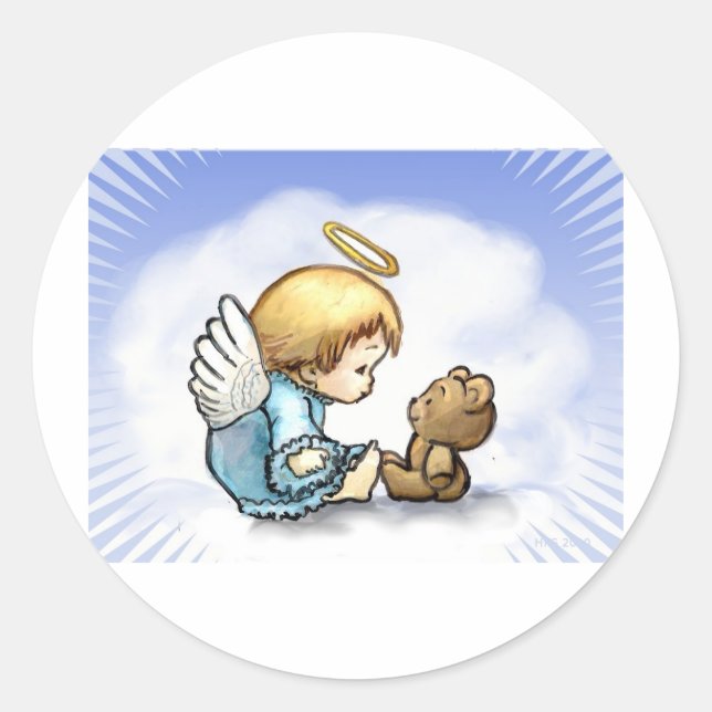 Angel baby and teddy bear classic round sticker (Front)