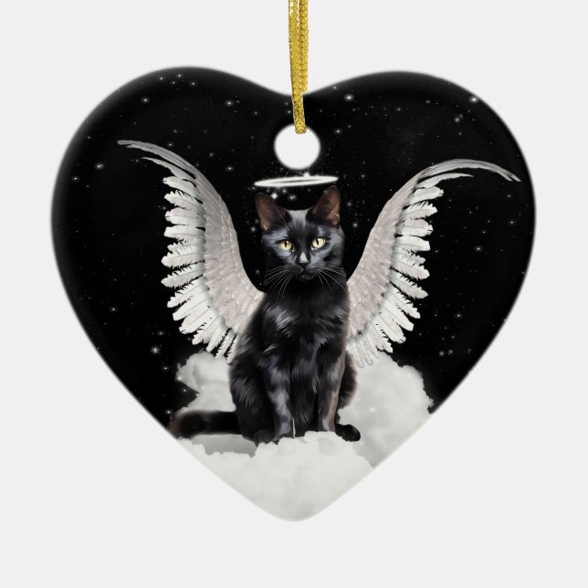 Angel Cat Black Domestic Pet Memorial Ceramic Ornament (Front)