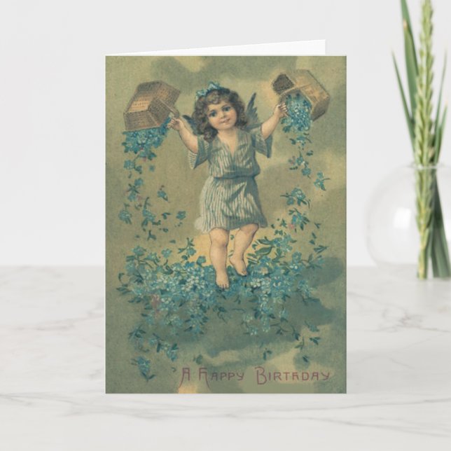 Angel Cherub Basket Forget-Me-Not Card (Front)