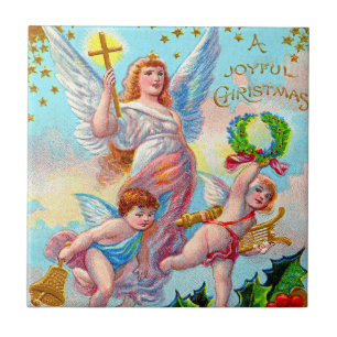 Angel Cherub Christian Cross Bell Wreath Holly Ceramic Tile